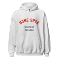 Unisex black hoodie featuring Bone Spur Military College logo printed across the front chest