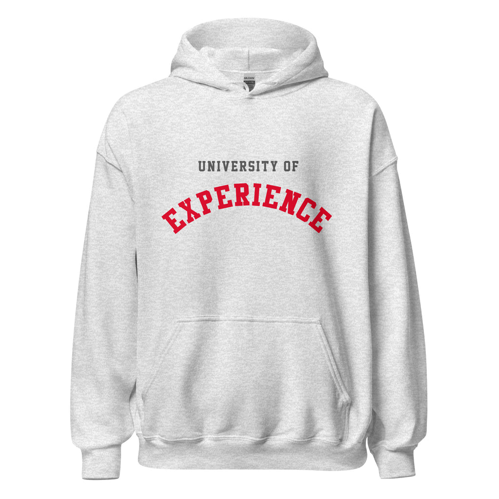 Unisex black hoodie featuring University of Experience logo printed across the front chest