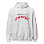 Unisex black hoodie featuring University of Experience logo printed across the front chest