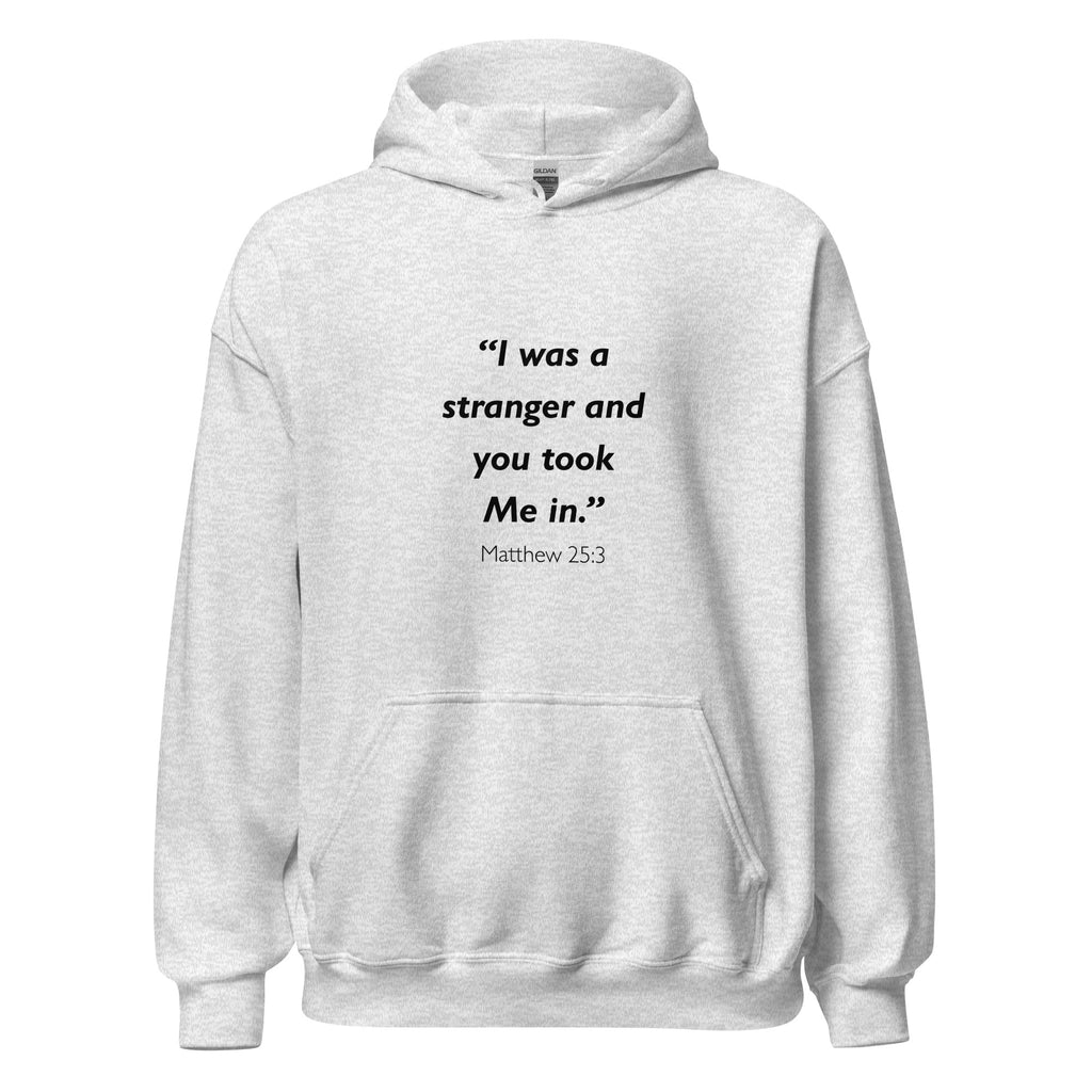 Unisex black hoodie with Matthew 25:35 Bible verse printed across the chest