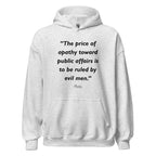 Unisex black hoodie featuring Plato Apathy quote typography printed across the front chest