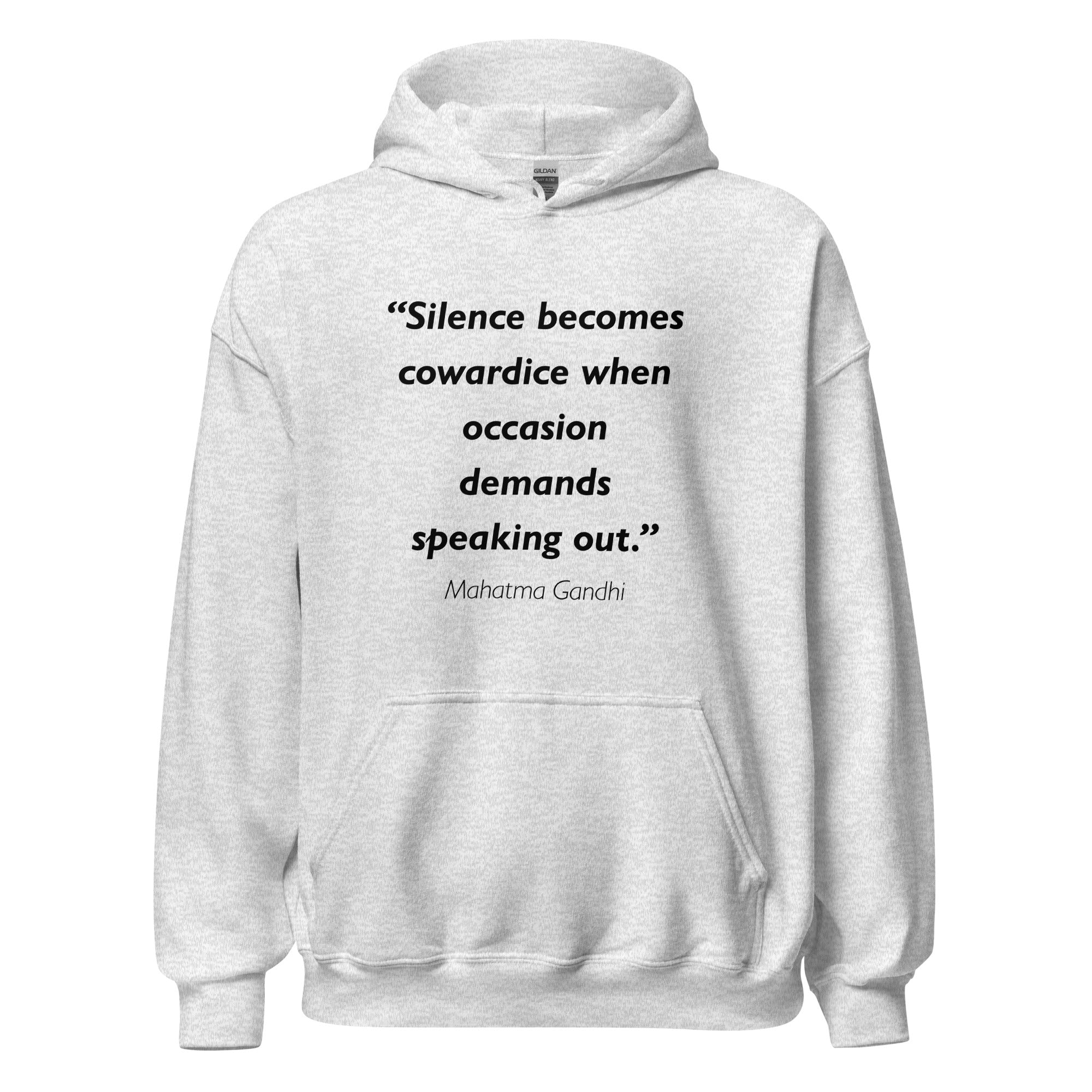 Unisex black hoodie featuring Mahatma Gandhi Silence quote typography printed across the front chest