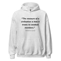 Unisex black hoodie featuring Mahatma Gandhi Civilization quote typography printed across the front chest