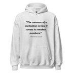 Unisex black hoodie featuring Mahatma Gandhi Civilization quote typography printed across the front chest