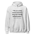Unisex black hoodie featuring MLK Arc of the Moral Universe quote typography printed across the front chest