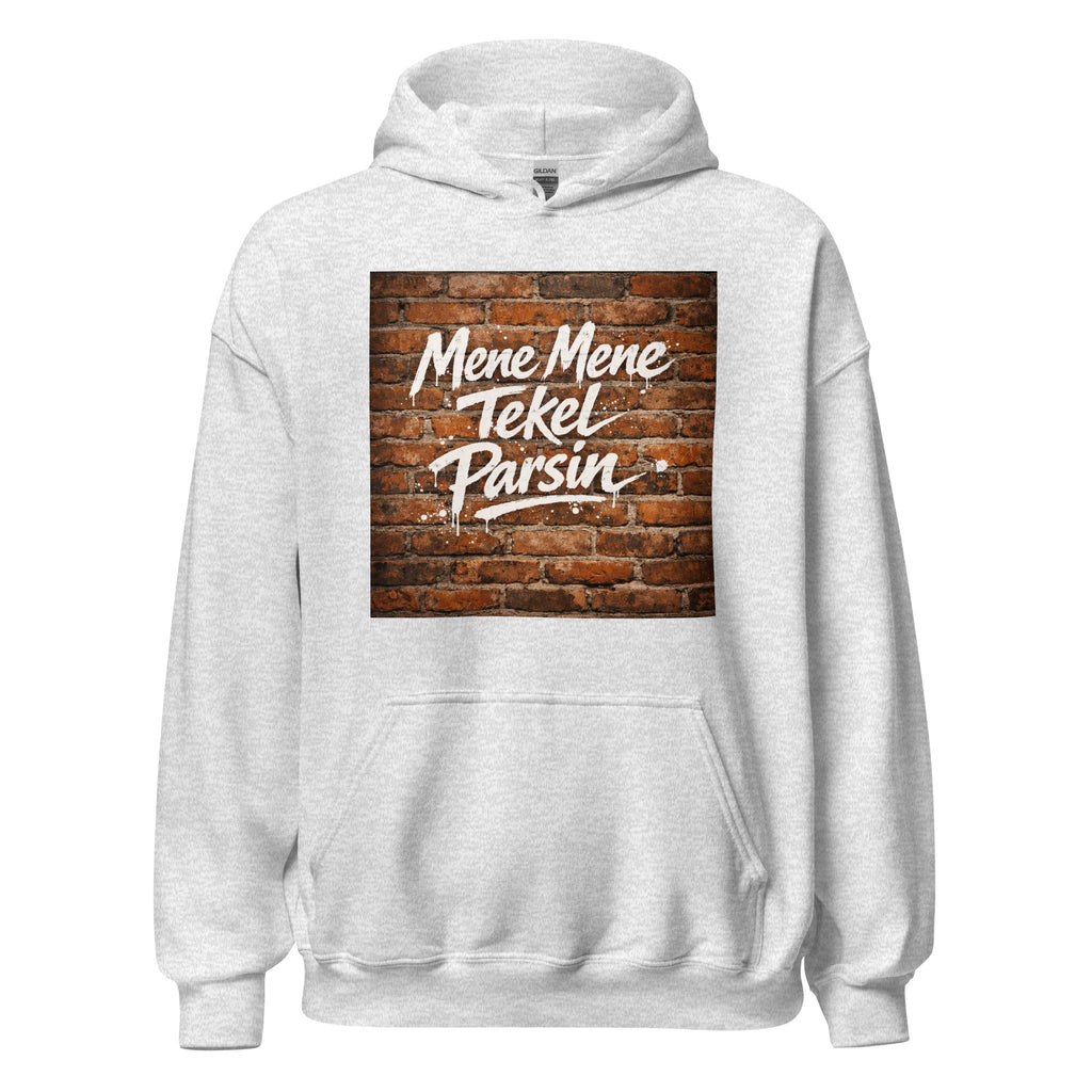 Unisex heather gray hoodie featuring vintage Writing on the Wall poster artwork printed across the front