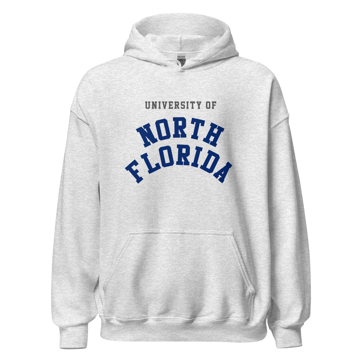 University of North Florida Unisex Hoodie, shown in Ash, front view, sizes S–5XL