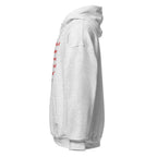 Unisex white hoodie with Matthew 11:28 Bible verse printed in red text on front