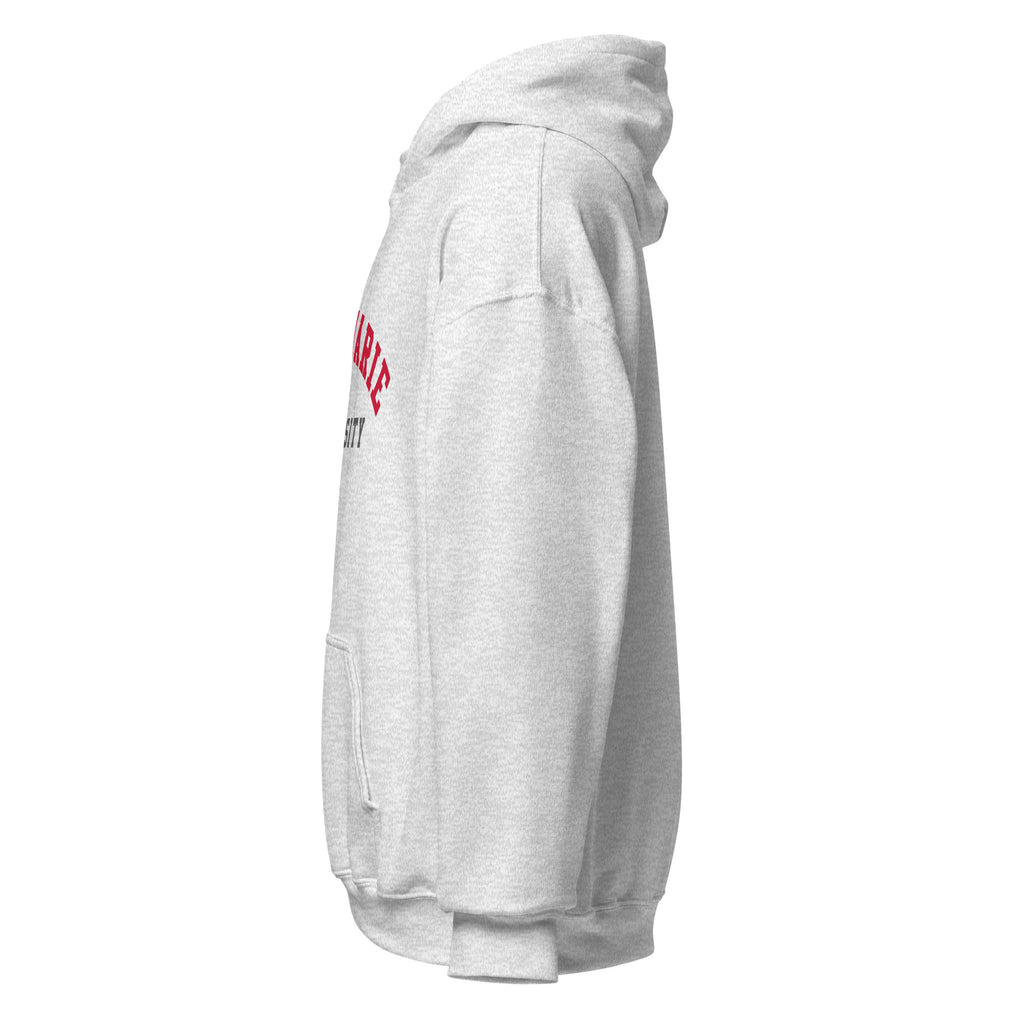 Unisex white hoodie featuring Macquarie University logo printed across the front chest