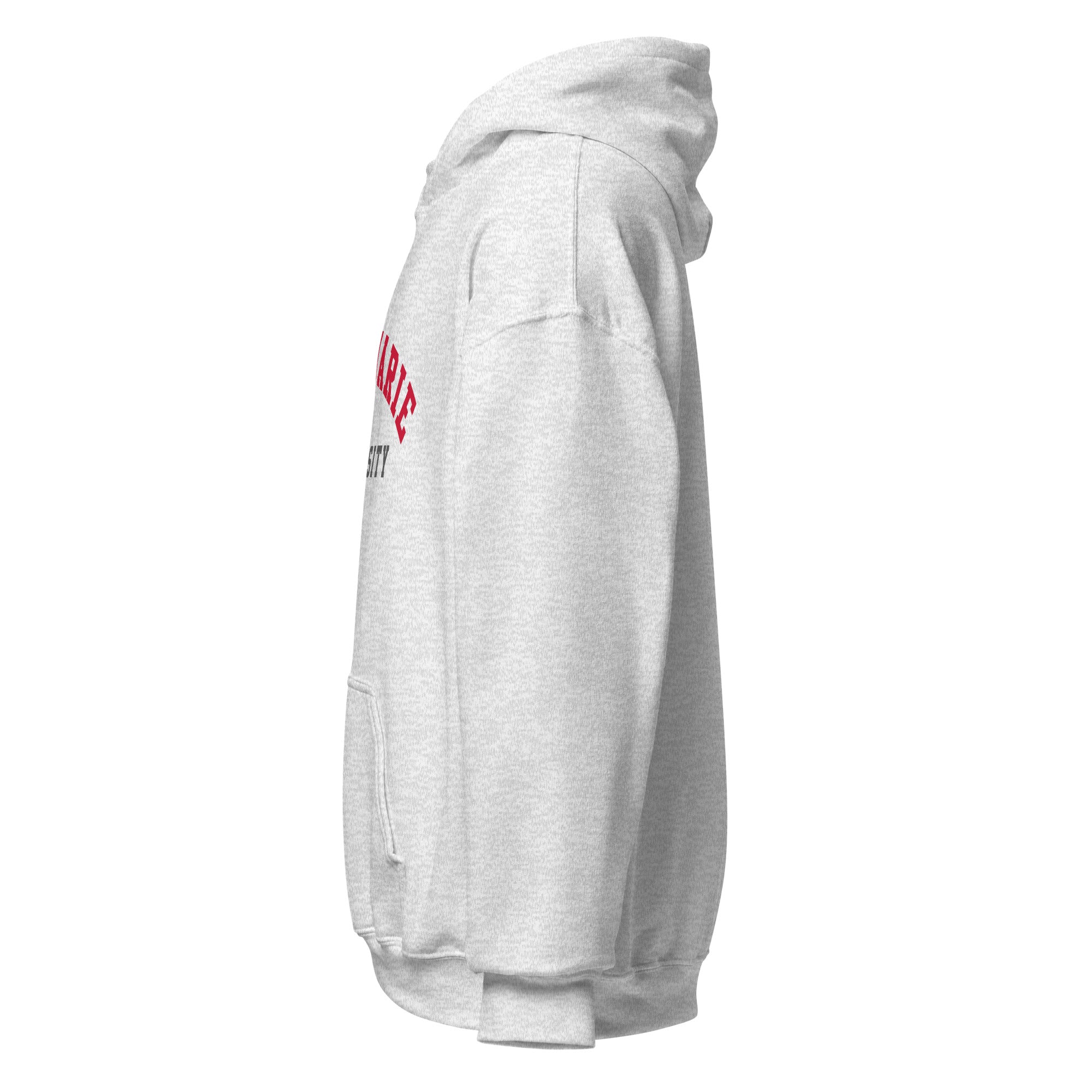 Unisex white hoodie featuring Macquarie University logo printed across the front chest