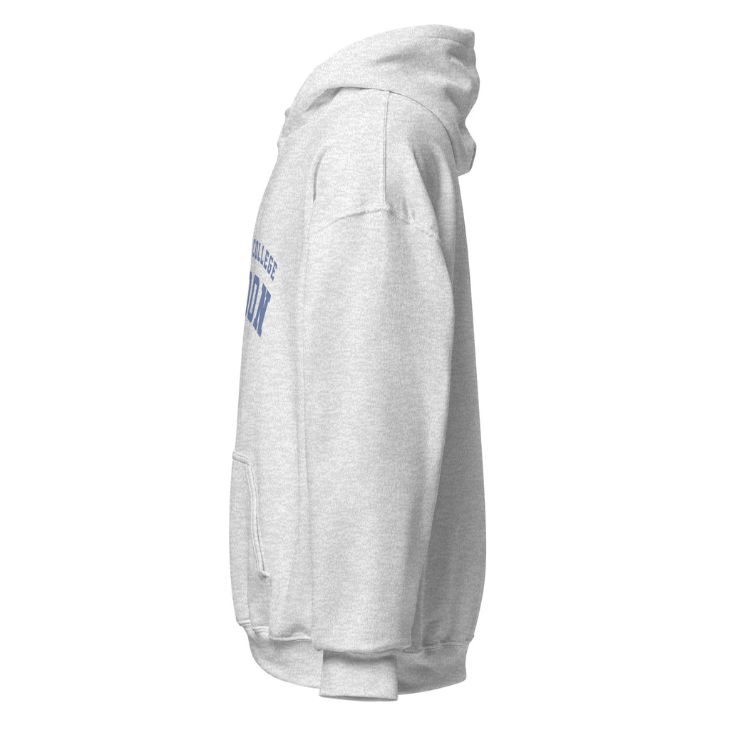 Unisex white hoodie featuring University College London logo printed across the front chest