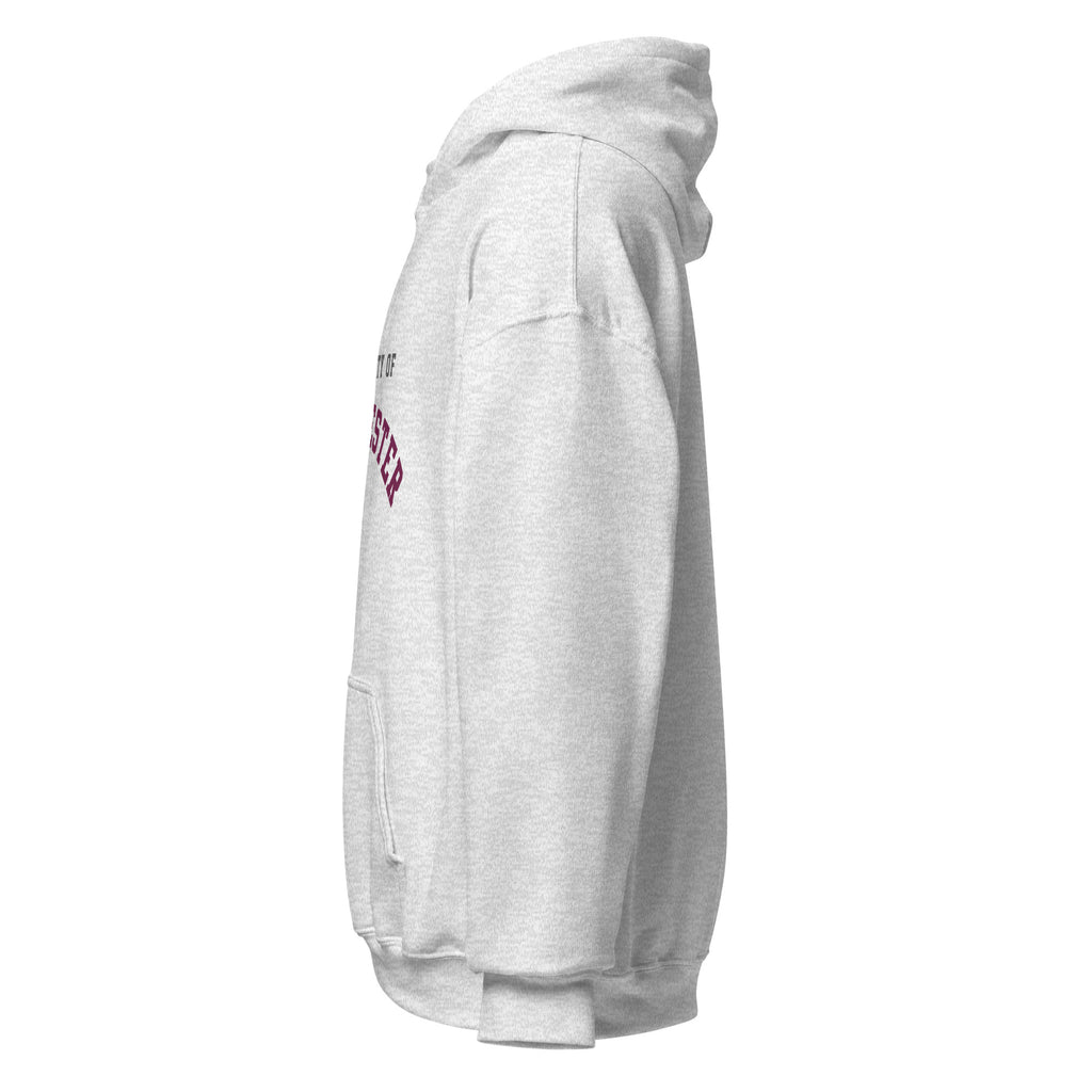 Unisex white hoodie featuring University of Manchester logo printed across the front chest