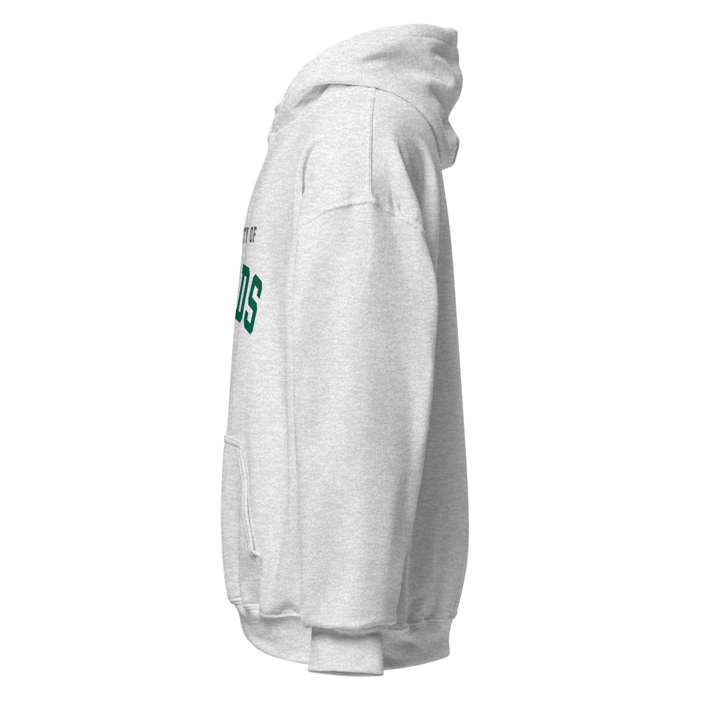 Unisex white hoodie featuring University of Leeds logo printed across the front chest