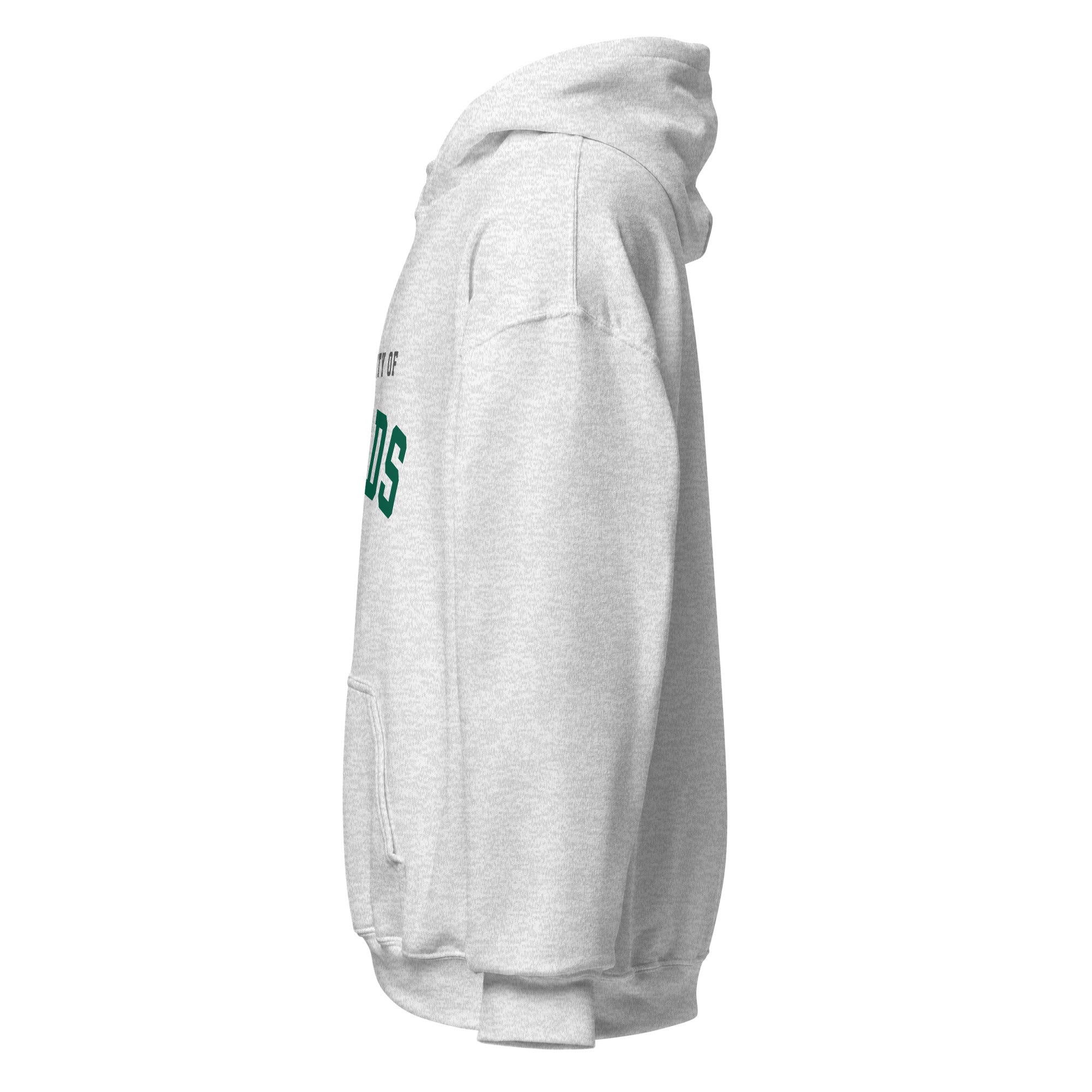 Unisex white hoodie featuring University of Leeds logo printed across the front chest