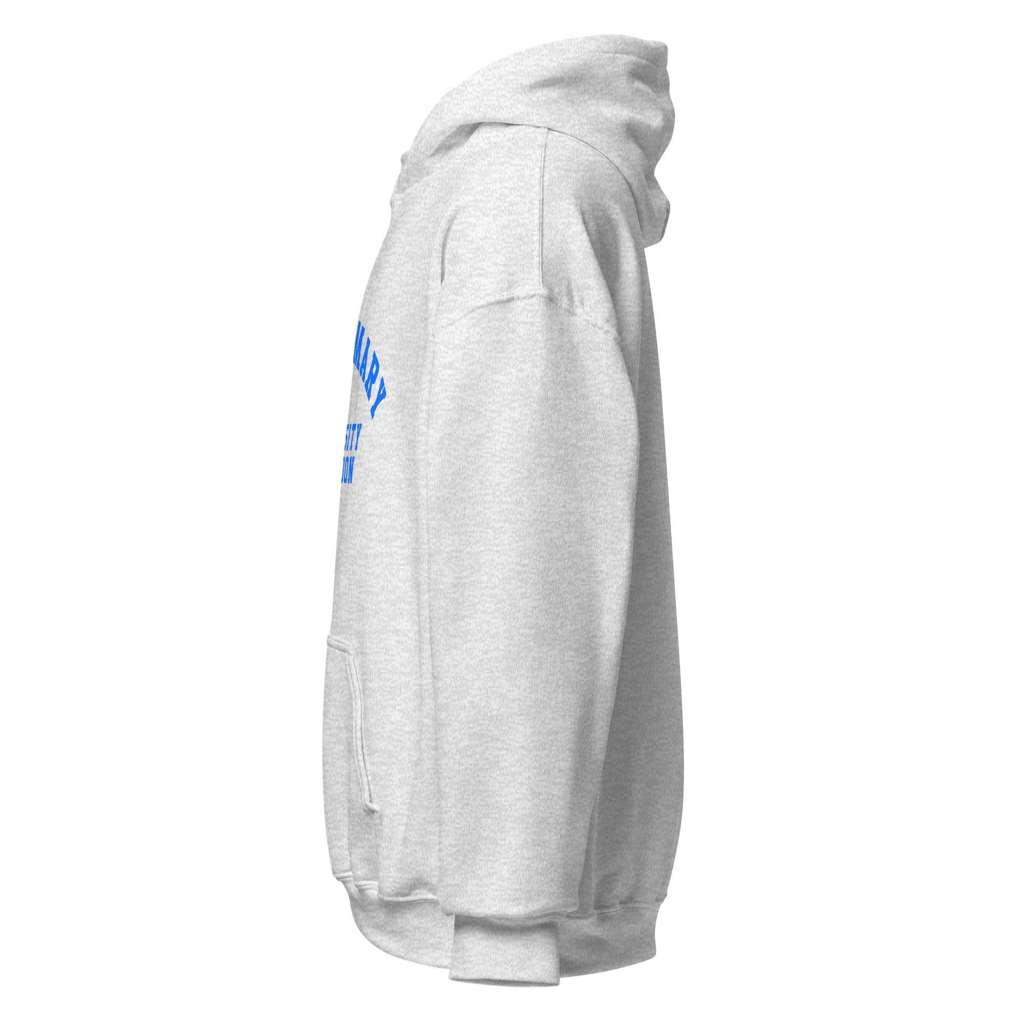 Unisex white hoodie featuring Queen Mary University of London logo printed across the front chest