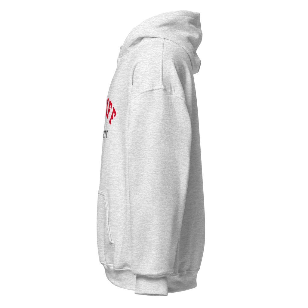 Unisex white hoodie featuring Cardiff University logo printed across the front chest