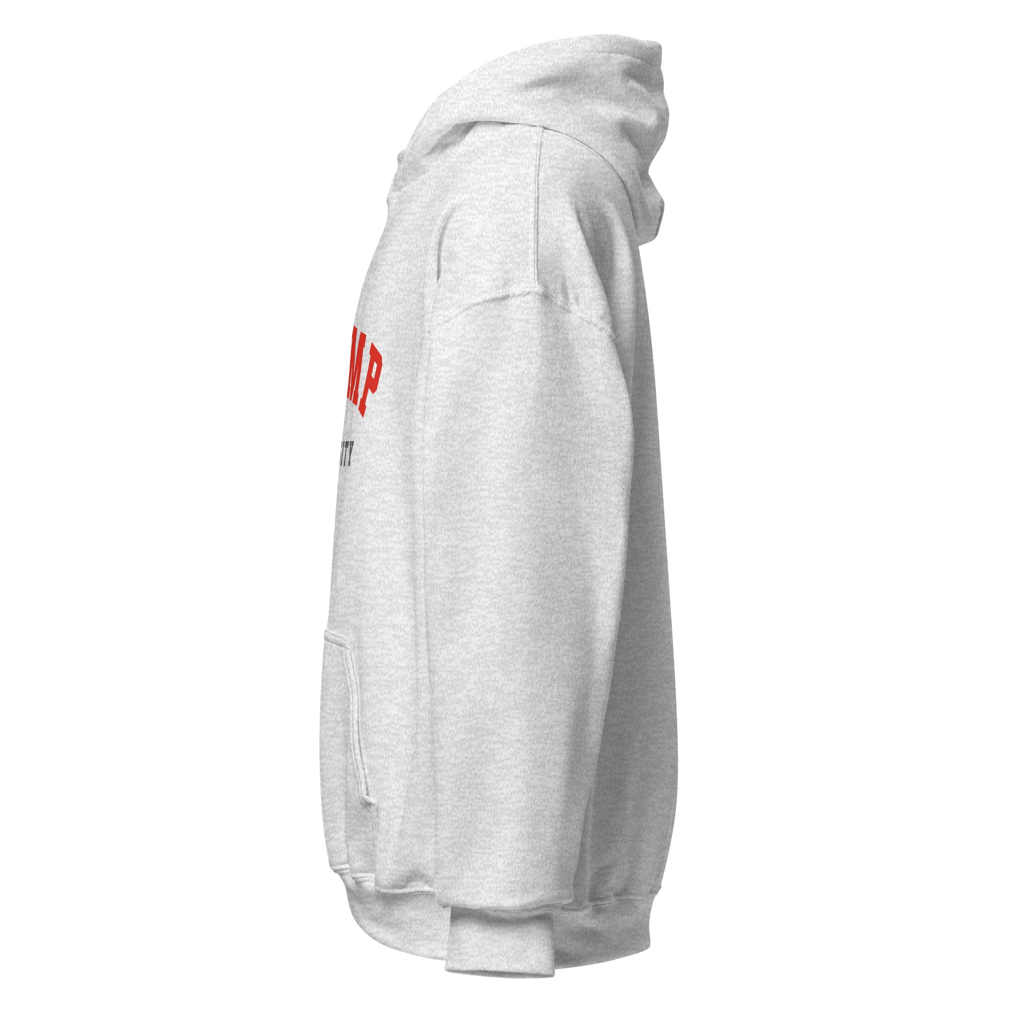 Unisex white hoodie featuring Trump University logo printed across the front chest