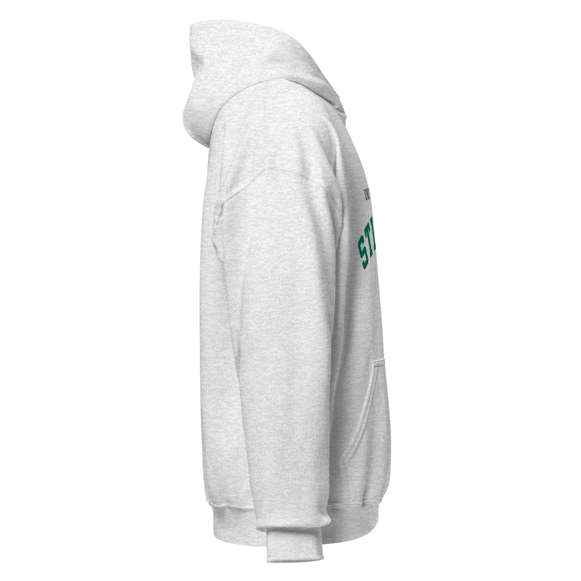 Unisex navy blue hoodie featuring University of Stirling logo printed across the front chest