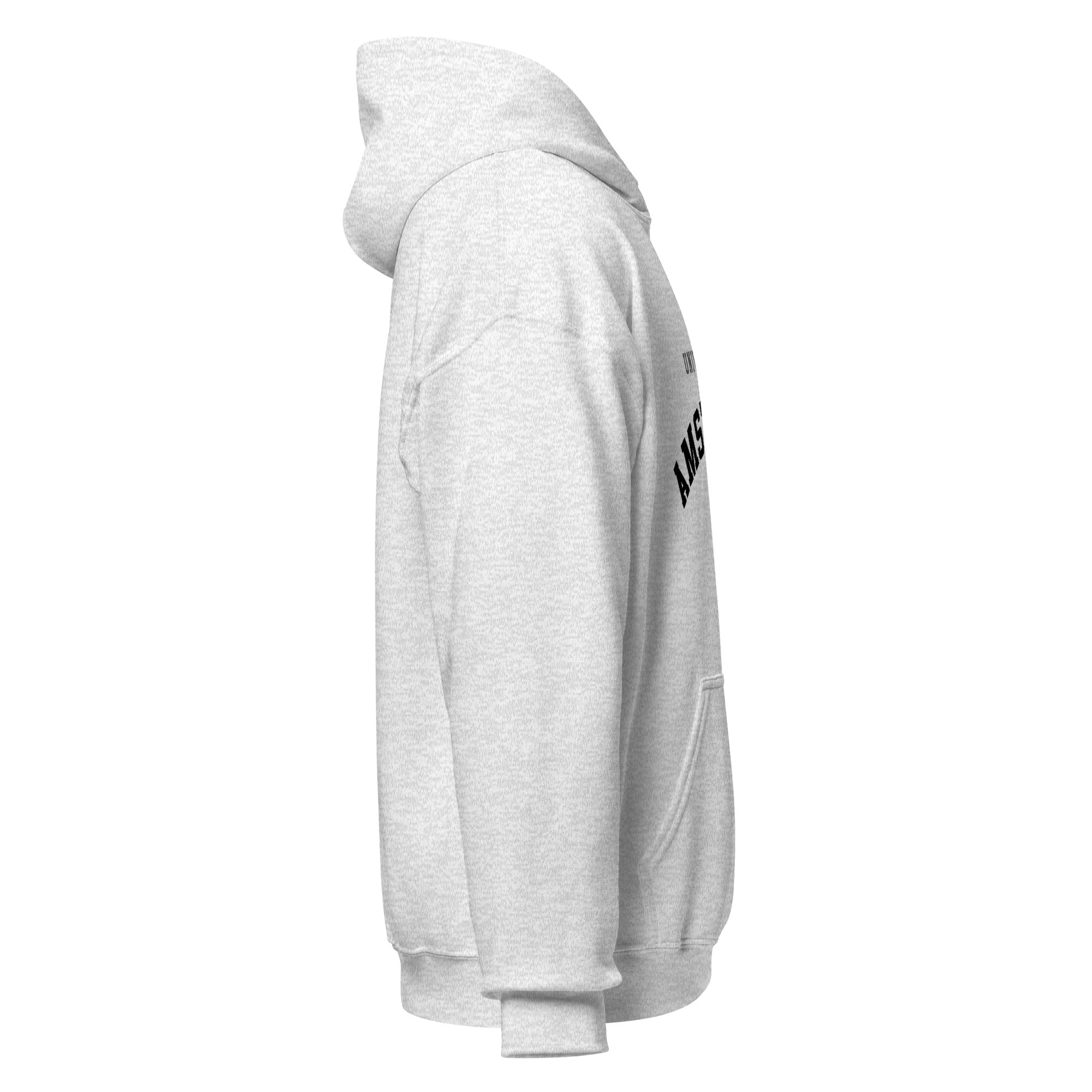 Unisex navy blue hoodie featuring University of Amsterdam logo printed across the front chest