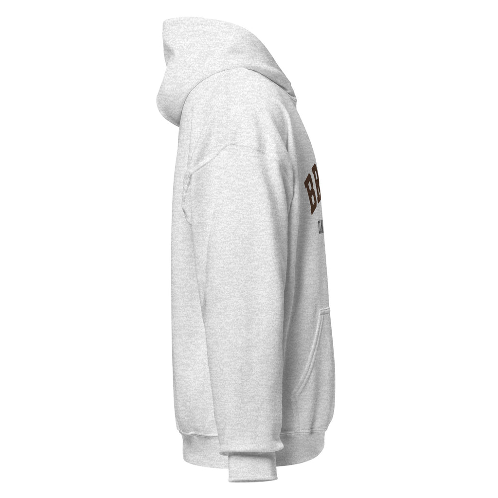 Unisex navy blue hoodie featuring Brown University logo printed across the front chest