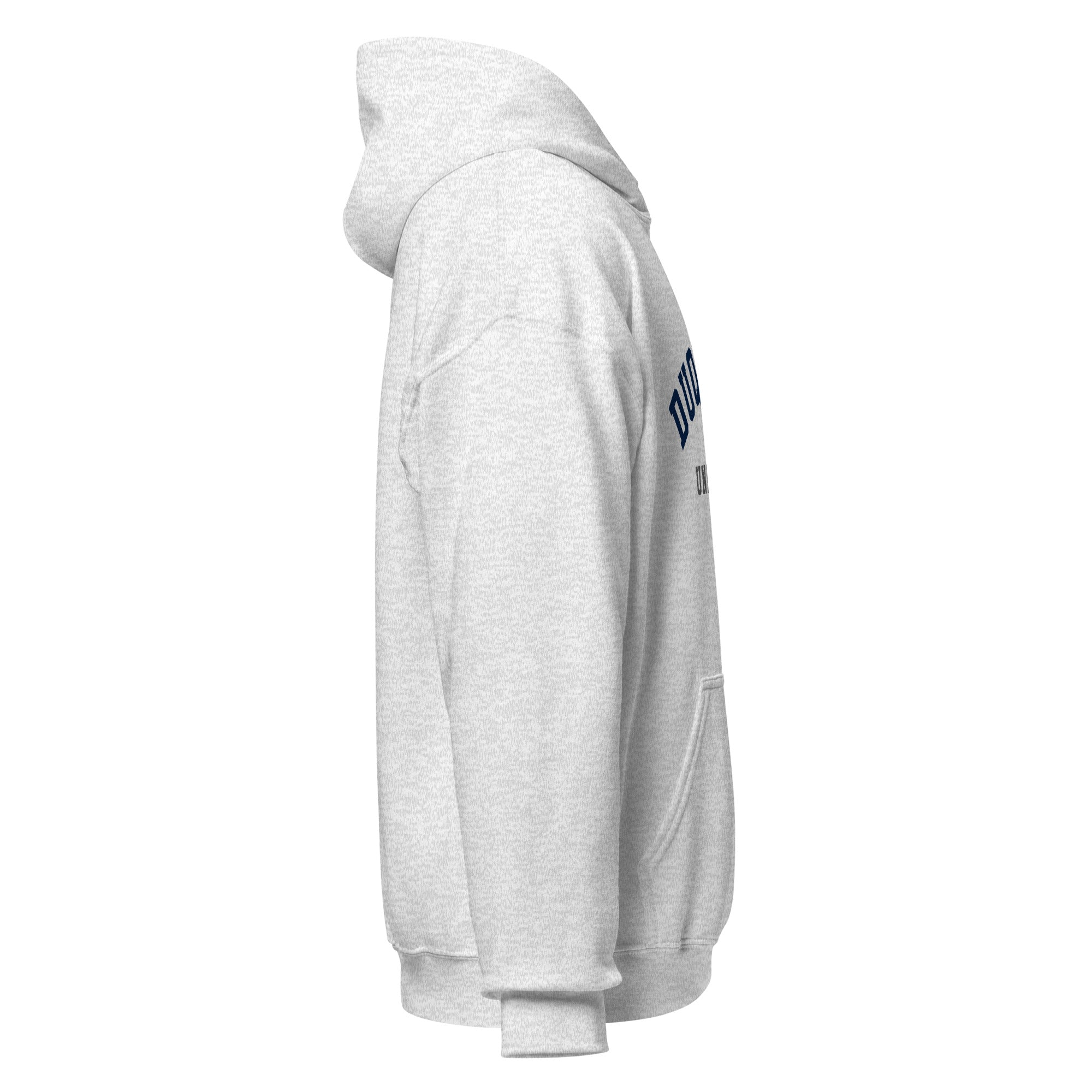 Unisex navy blue hoodie featuring Duquesne University logo printed across the front chest