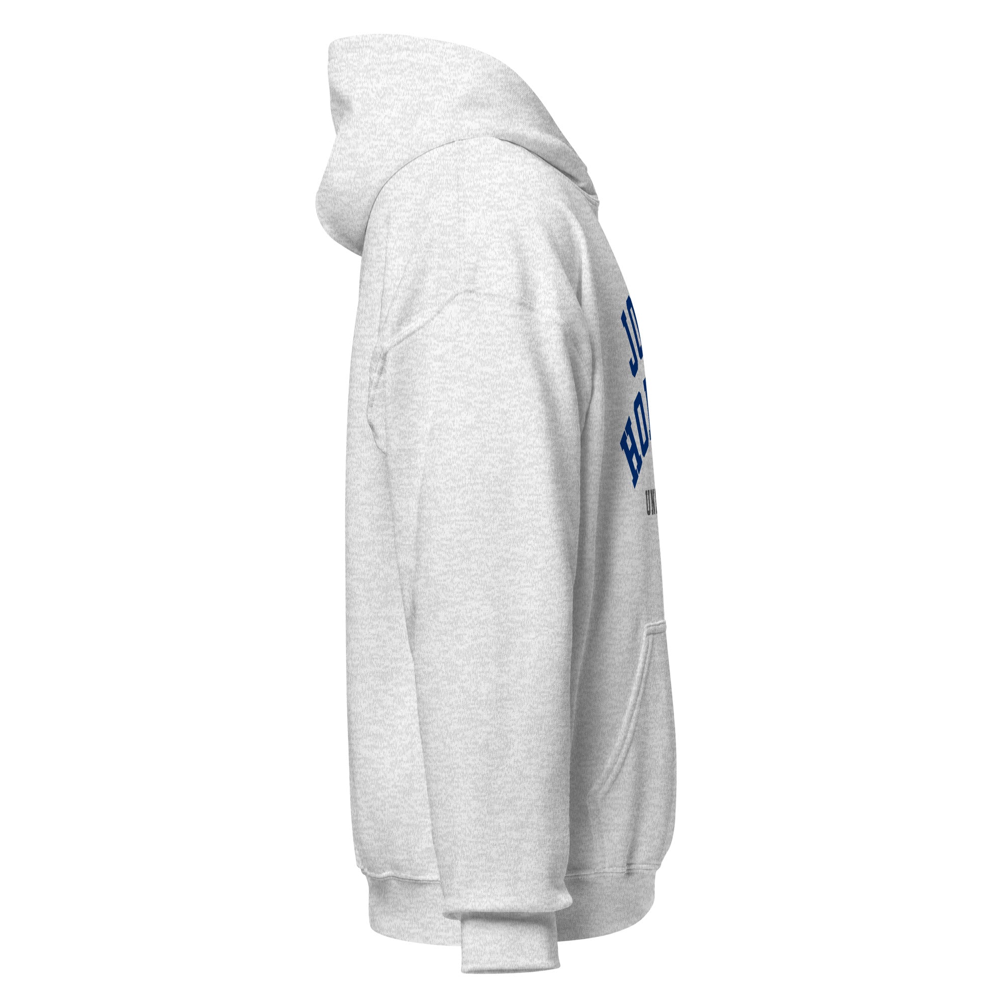 Unisex navy blue hoodie featuring Johns Hopkins University logo printed across the front chest