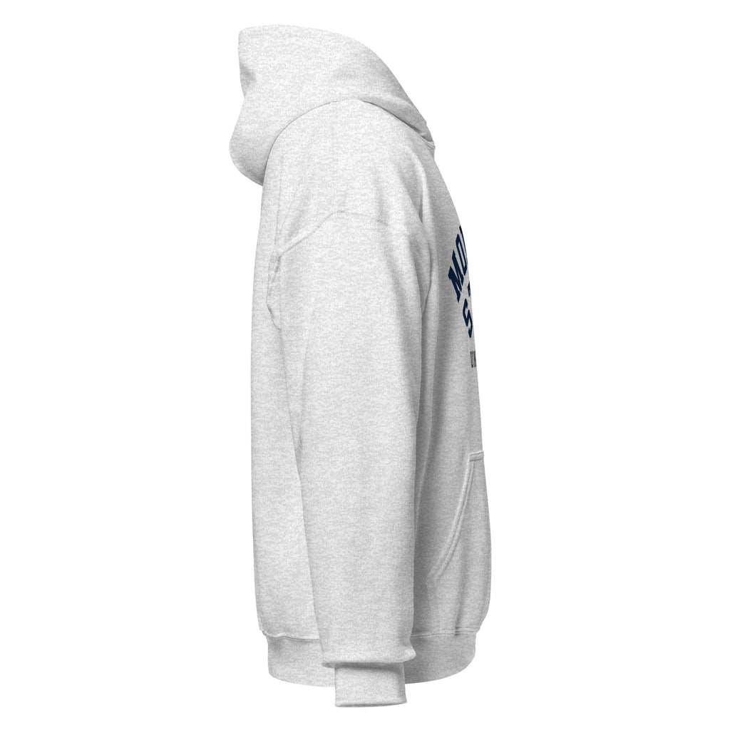 Unisex navy blue hoodie featuring Montana State University logo printed across the front chest