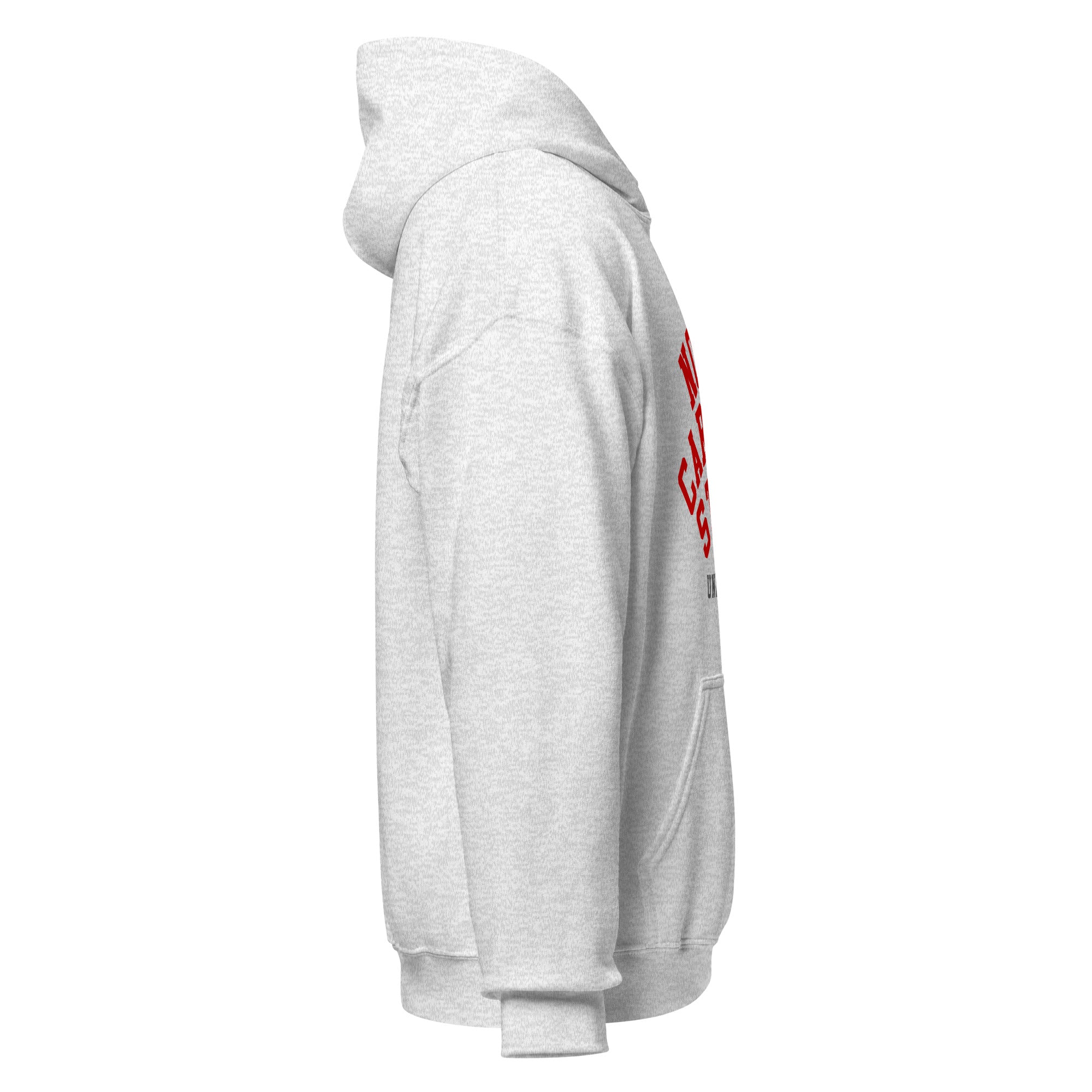 Unisex navy blue hoodie featuring North Carolina State University logo printed across the front chest