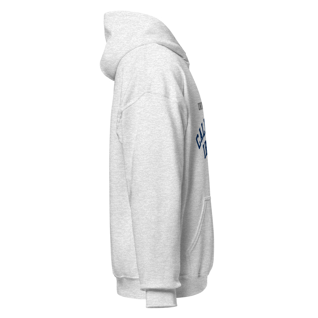Unisex navy blue hoodie featuring UC Irvine logo printed across the front chest