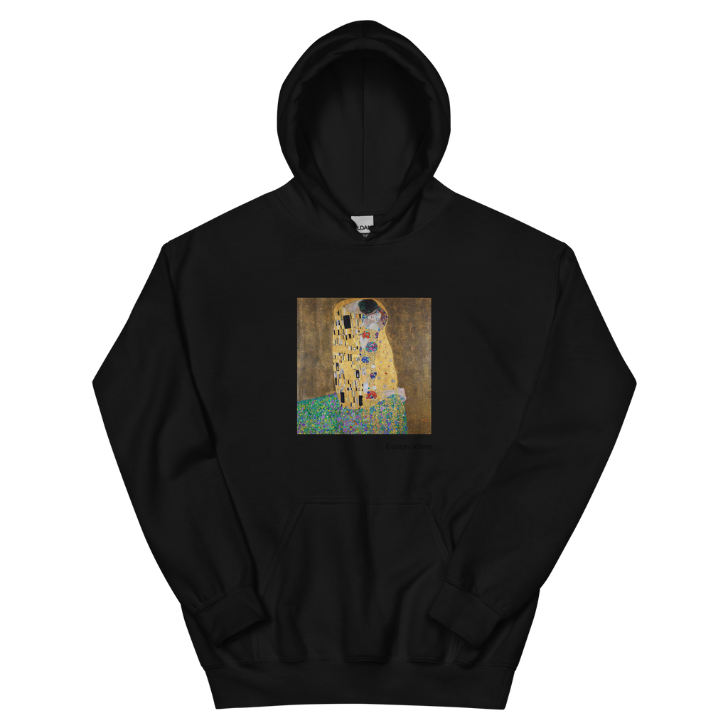 Unisex hoodie featuring Klimt's famous painting of two lovers embracing in golden robes