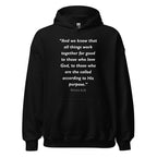 Unisex heather gray hoodie with Romans 8:28 Bible verse printed in white text on front