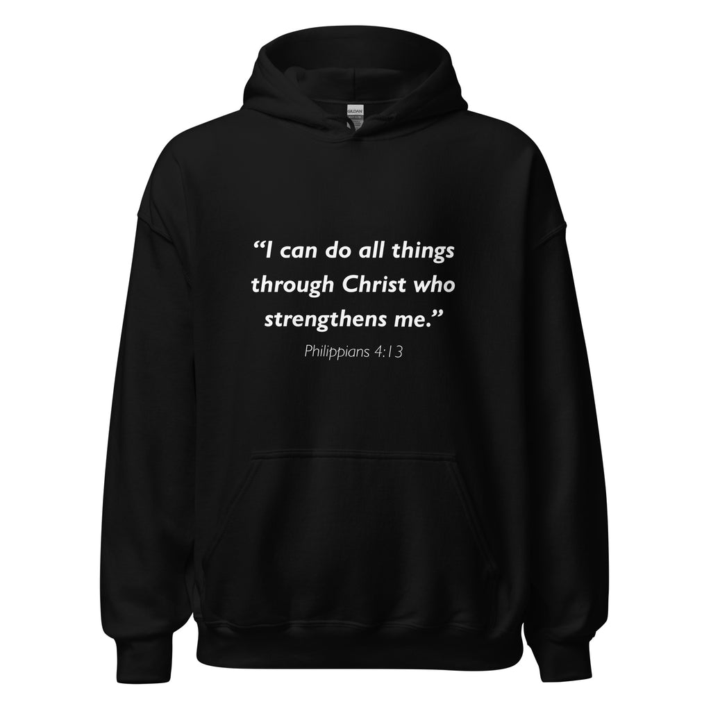 Unisex black hoodie with Philippians 4:13 Bible verse printed in white text on front
