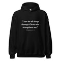 Unisex black hoodie with Philippians 4:13 Bible verse printed in white text on front