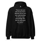 Unisex black hoodie with Proverbs 3:5-6 Bible verse printed in white text on front