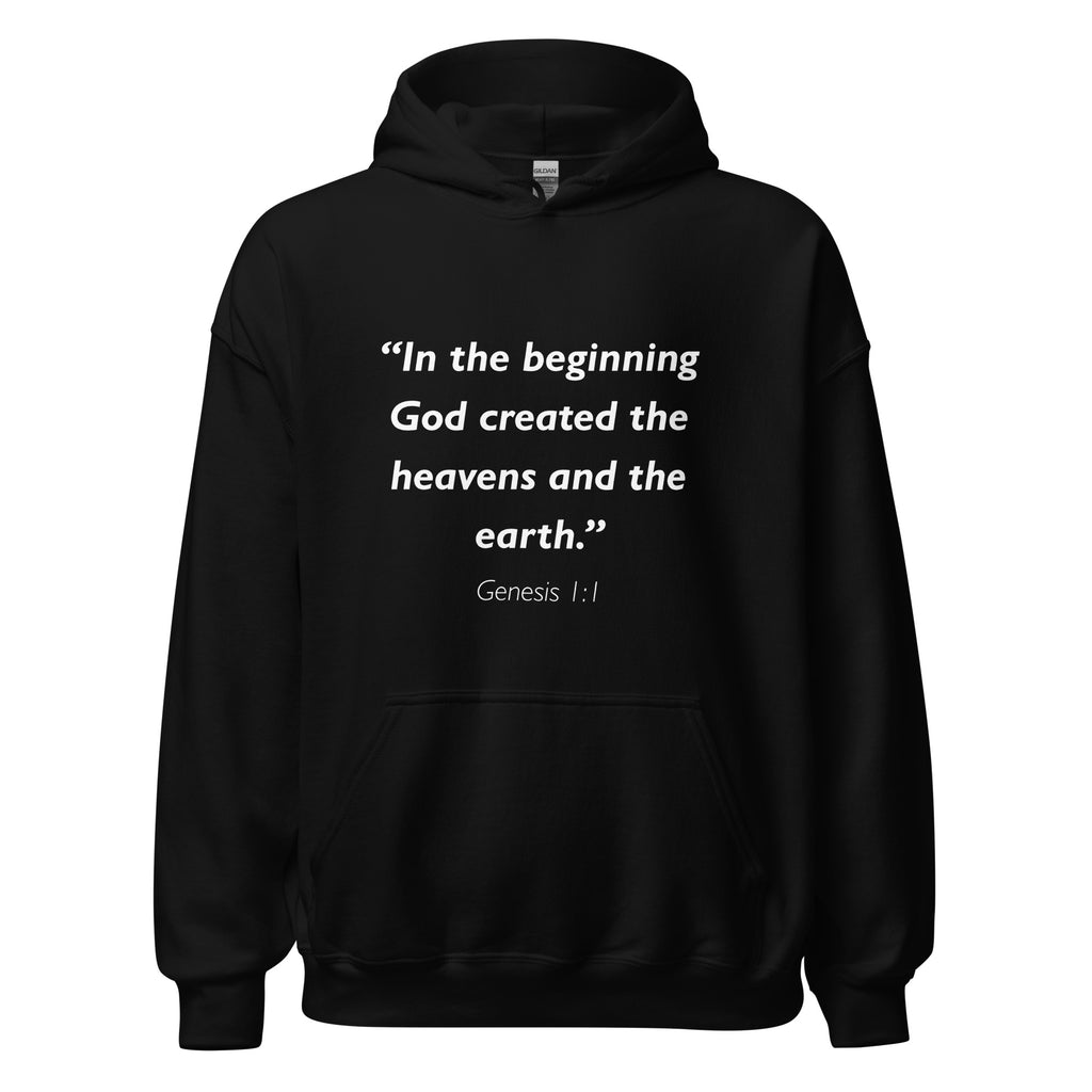 Unisex heather gray hoodie with Genesis 1:1 Bible verse printed in white text on front