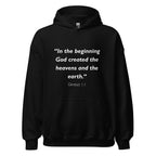 Unisex heather gray hoodie with Genesis 1:1 Bible verse printed in white text on front