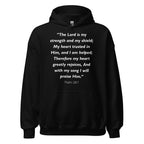 Unisex heather gray hoodie with Psalm 28:7 Bible verse printed in white text on front