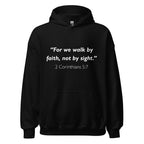 Unisex heather gray hoodie with 2 Corinthians 5:7 Bible verse printed in white text on front