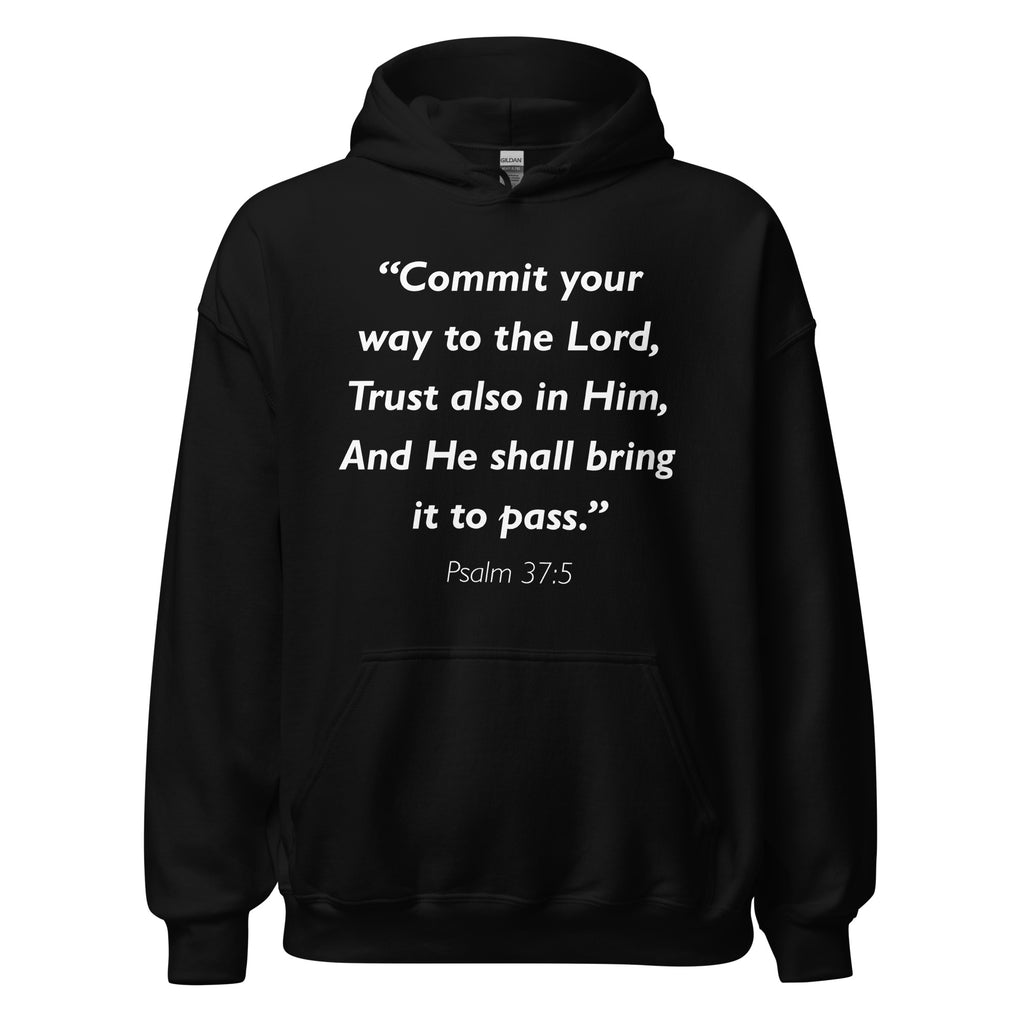 Unisex heather gray hoodie with Psalm 37:5 Bible verse printed in white text on front
