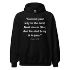 Unisex heather gray hoodie with Psalm 37:5 Bible verse printed in white text on front