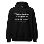 Unisex heather gray hoodie with 1 Corinthians 16:13 Bible verse printed in white text on front
