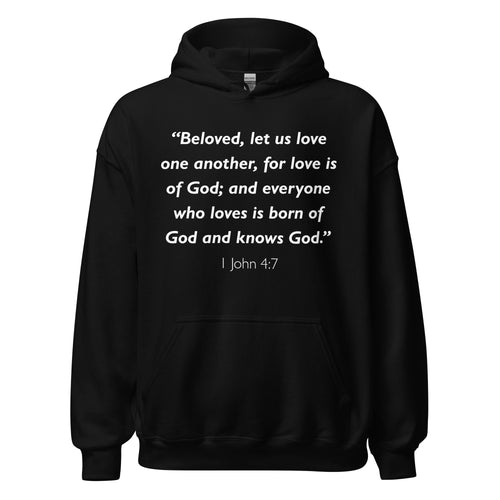 Unisex heather gray hoodie with 1 John 4:7 Bible verse printed in white text on front