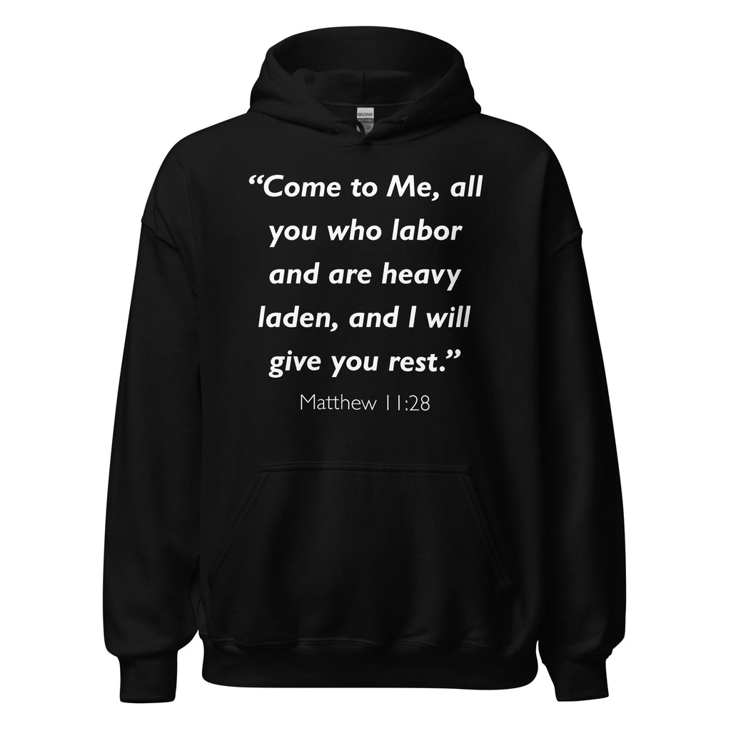 Unisex heather gray hoodie with Matthew 11:28 Bible verse printed in white text on front