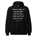 Unisex heather gray hoodie with Matthew 11:28 Bible verse printed in white text on front