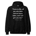 Unisex heather gray hoodie with Matthew 11:28 Bible verse printed in white text on front