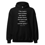 Unisex black hoodie with Psalm 34:18 Bible verse printed in white text on front