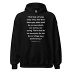 Unisex black hoodie with Revelation 21:4 Bible verse printed in white text on front