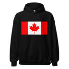 Unisex black hoodie featuring Canadian flag design printed across the front chest