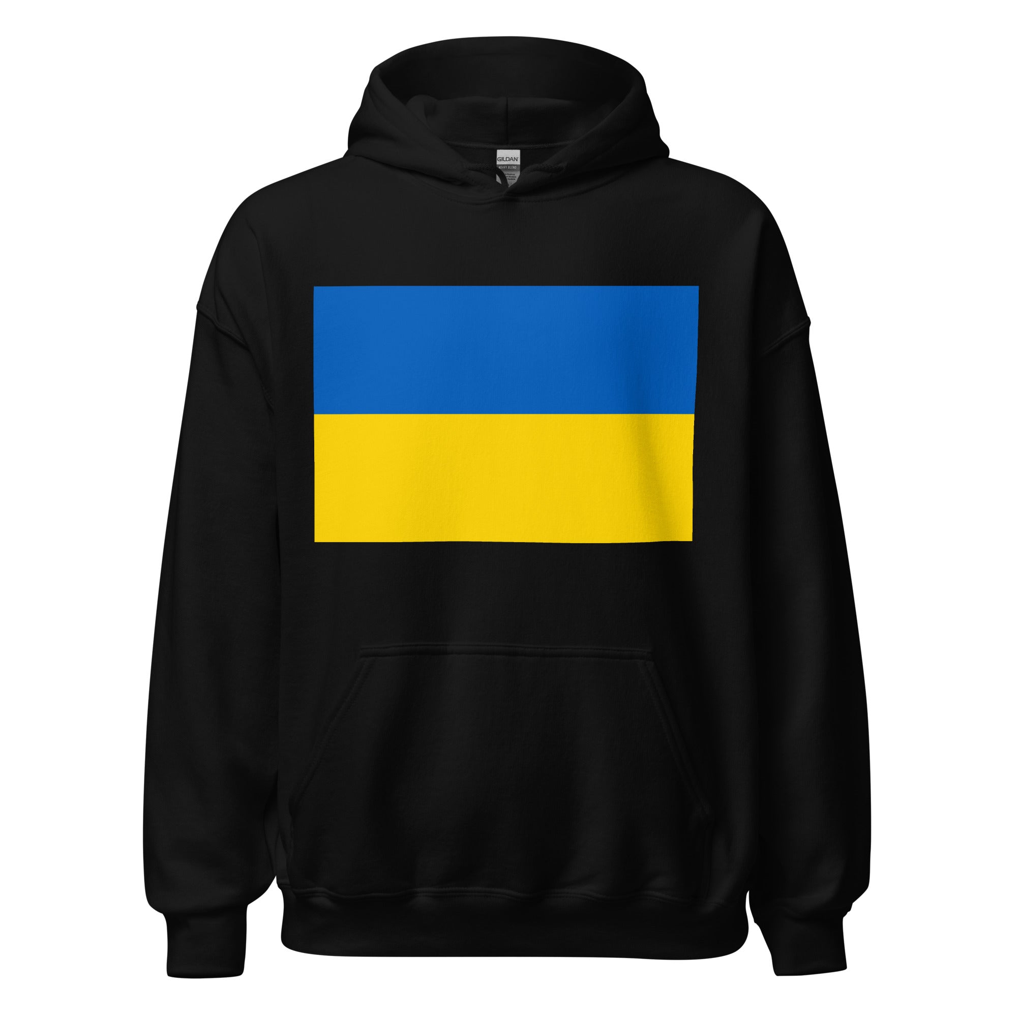 Unisex heather gray hoodie featuring Ukrainian flag design printed across the front chest