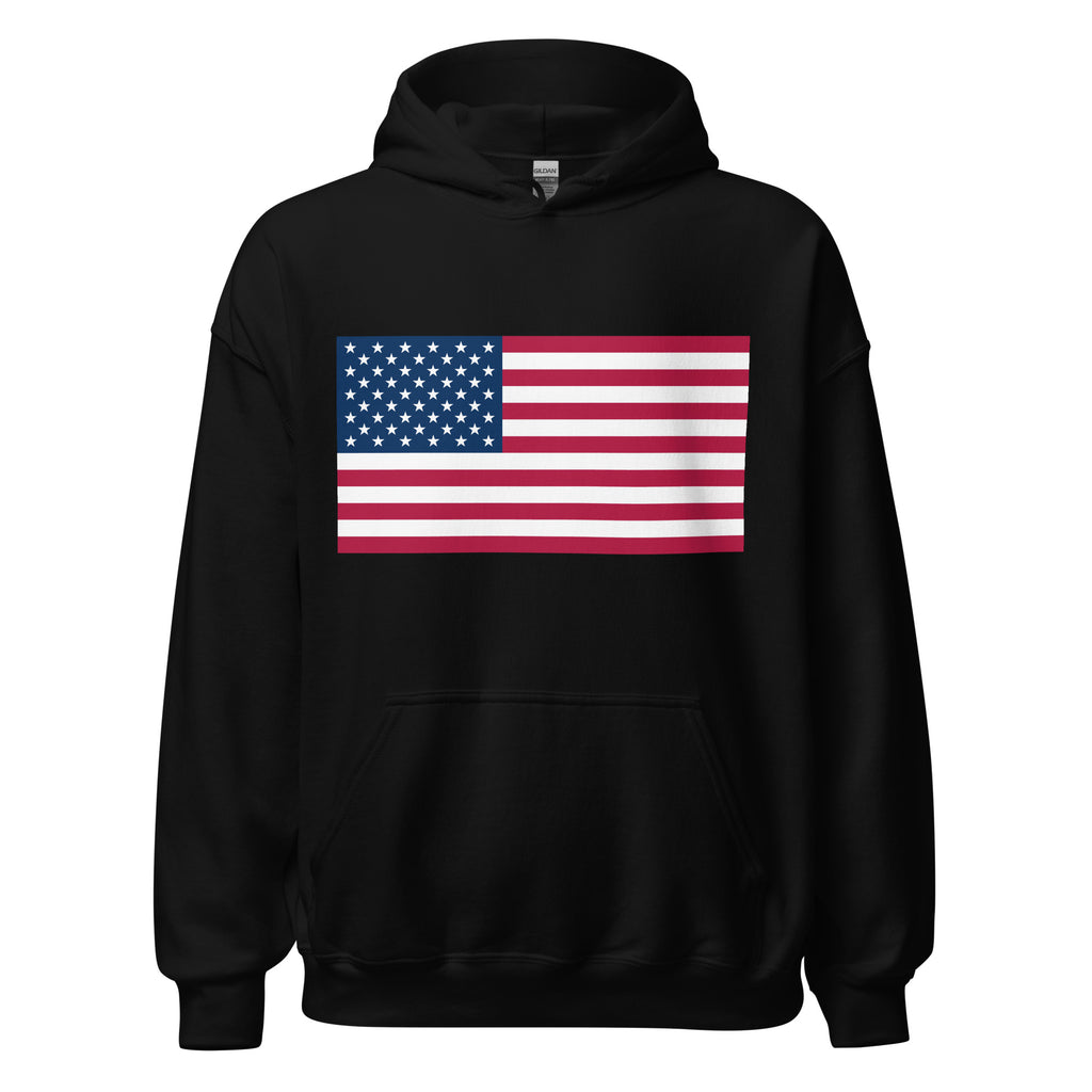 Unisex navy blue hoodie featuring American flag design printed across the front chest